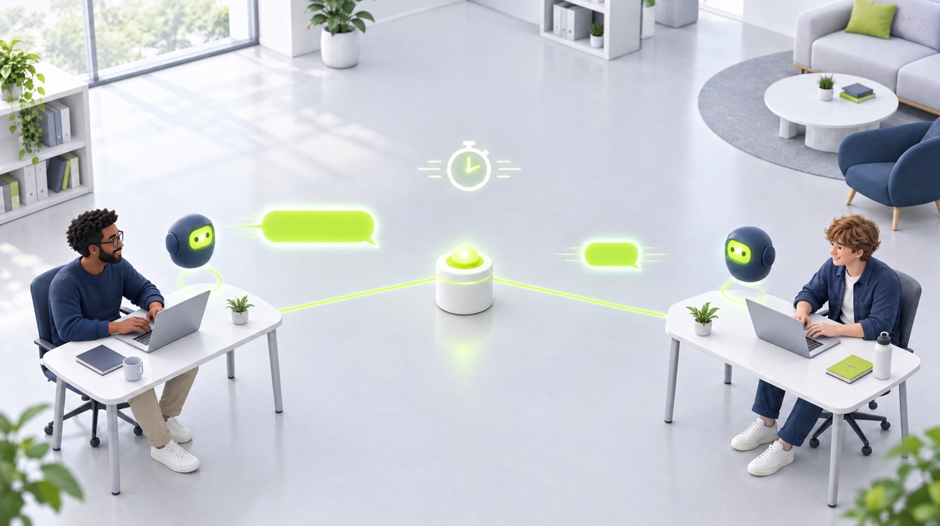 Twee AI-assistenten sturen elkaar een lichtgevend bericht via de relay in het midden