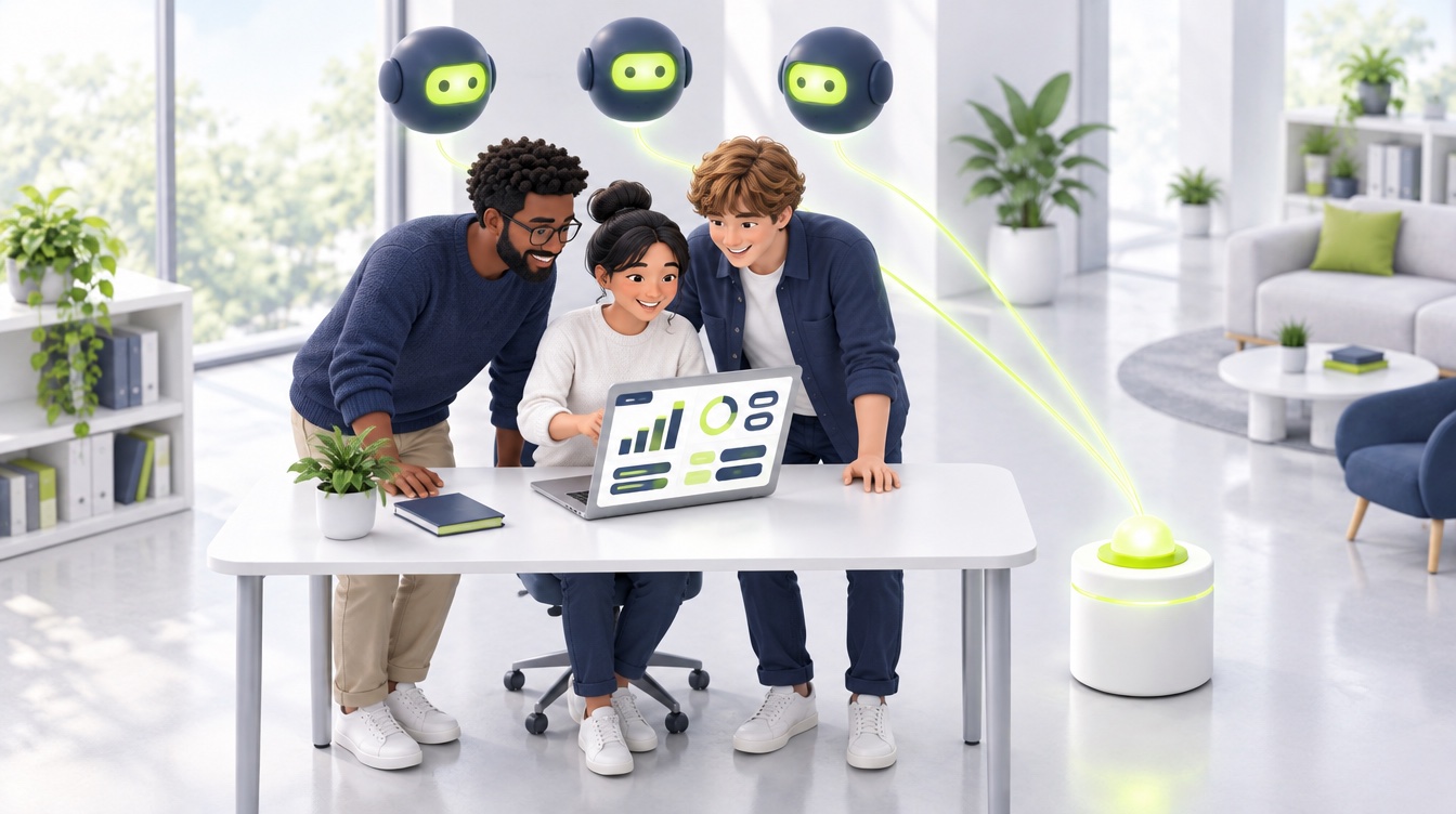 Drie collega's kijken samen naar één laptop met het afgeronde project, hun drie AI-assistenten zweven er in een nette rij boven