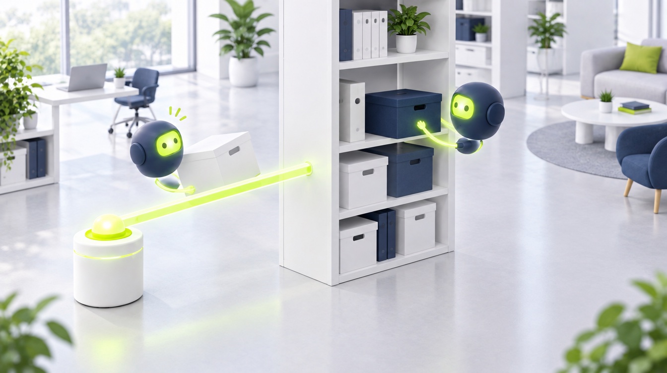 Een AI-assistent met een doos wordt tegengehouden door een groene slagboom, terwijl een andere assistent al op dezelfde plank werkt